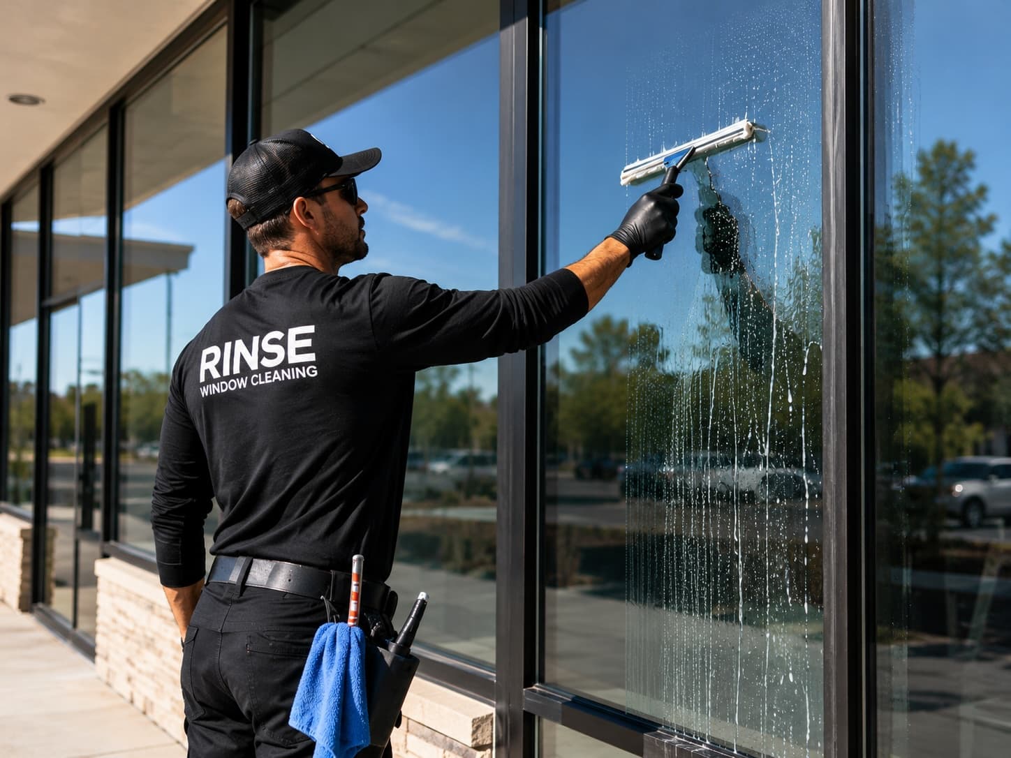Rinse Window Cleaning technician cleaning storefront glass at a commercial building